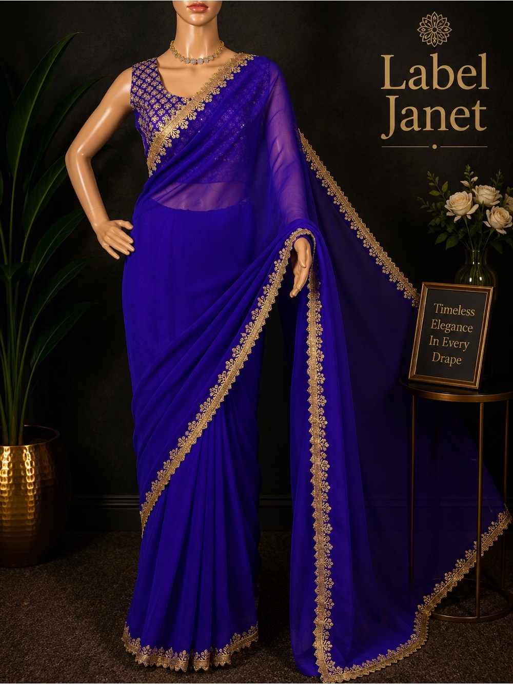 Purple Saree with Gold Embroidered Border & stitched blouse (Brand New)